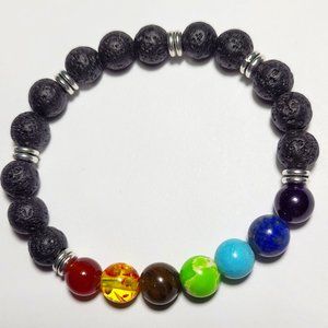 Natural Chakra and Lava Bead Crystal Beaded Bracelet 8mm 7 1/2"
